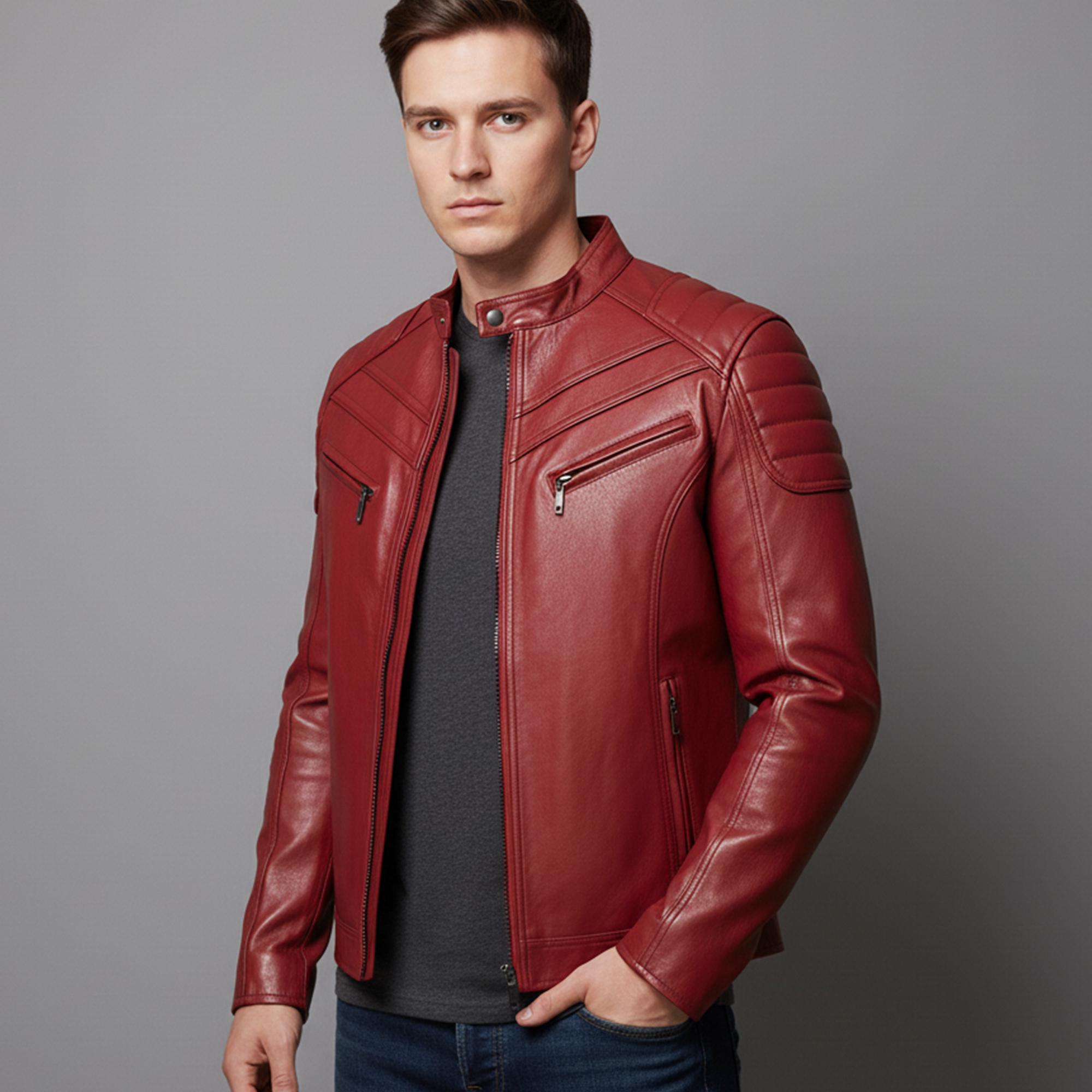 メンズ モーターサイクル 長袖 スタンドカラー レザー裏地 ジップ