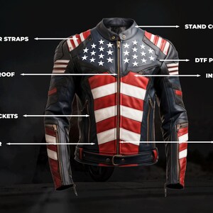 May include: A leather jacket with a stand collar, shoulder straps, and side pockets. The jacket features a DTF print of white stars on a blue background and red and white stripes. It has a YKK zipper and is made of fresh leather.