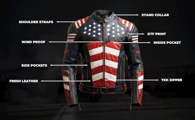 May include: A leather jacket with a stand collar, shoulder straps, and side pockets. The jacket features a DTF print of white stars on a blue background and red and white stripes. It has a YKK zipper and is made of fresh leather.