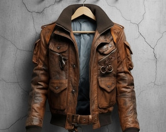 Men Bomber Stand Collar Leather Jacket Flight Coat Multi Pockets Genuine Leather Jackets