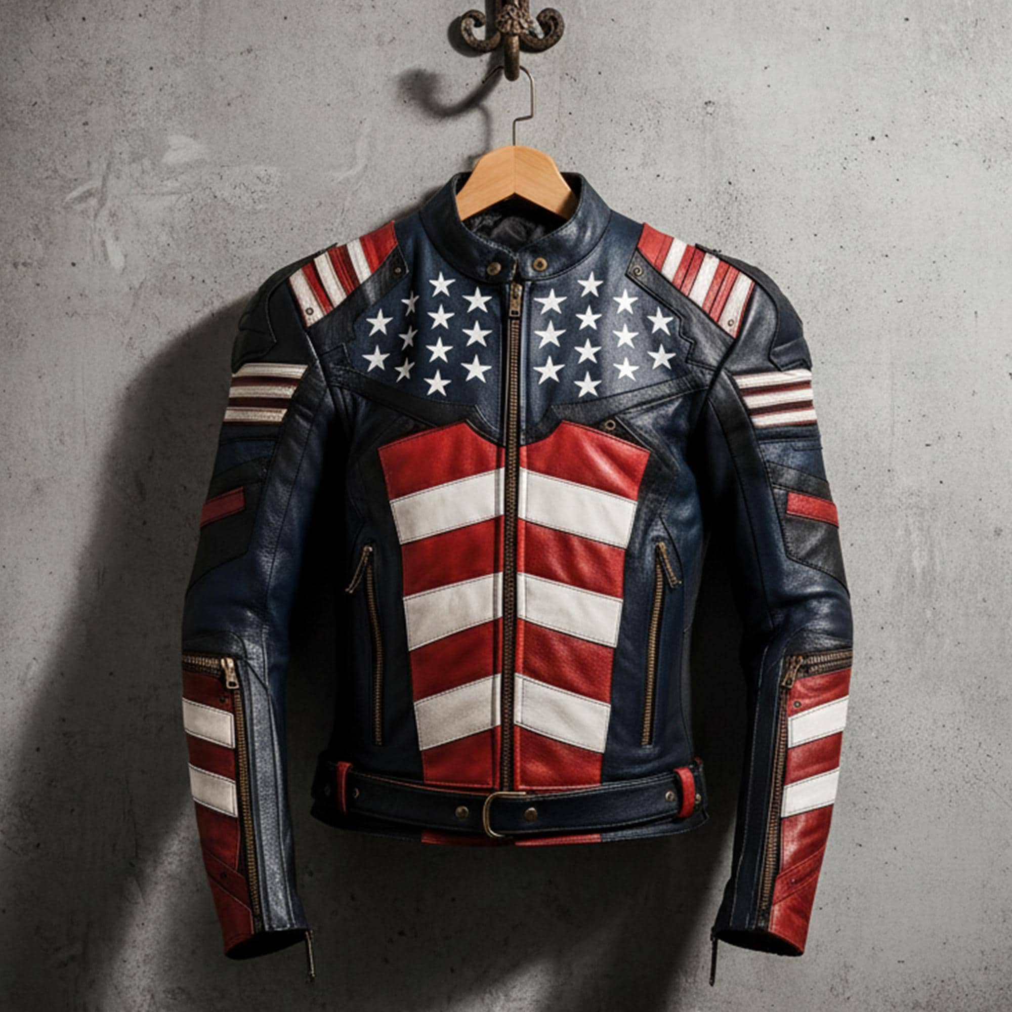 アメリカ国旗刺繍 ブラックレザーライダースジャケット The Next Mens Distressed Inspired by American Flag USA Casual