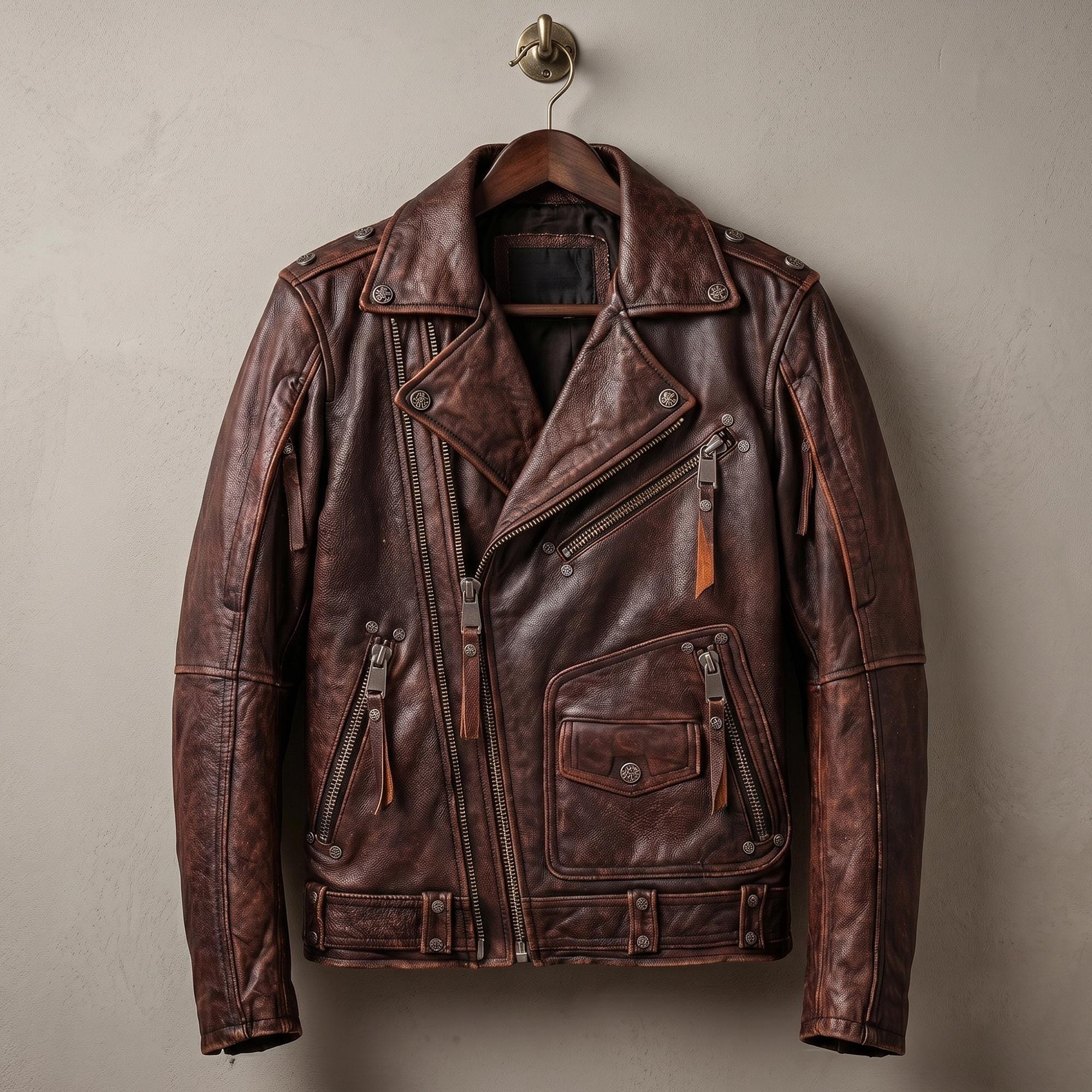 Mens Motorcycle Vintage Brown Leather Jacket Natural Zipper Coat