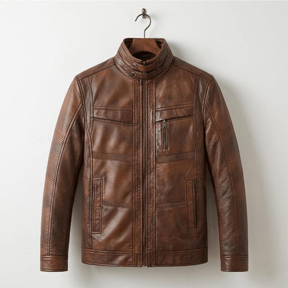 Mens Long Sleeve Stand Collar Leather Fleece Lined Zip Warm