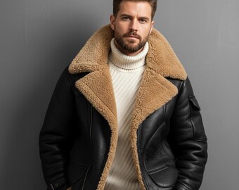 Fleece herenjack Turn-down bontkraag Dikke jas Dikker warm Streetwear Windjack Uitloper Echt leren jas