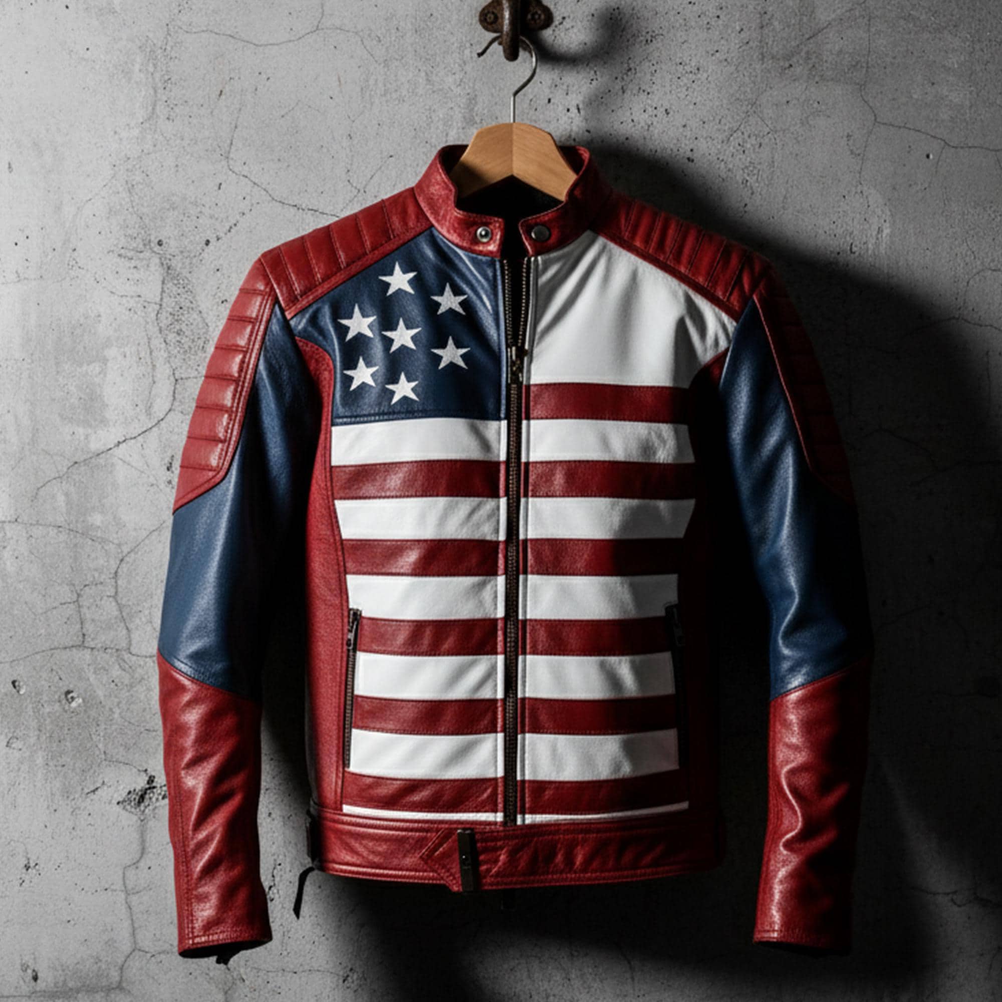 Mens Inspired by American Flag Casual Motorcycle Zipper Coat With