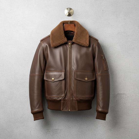 Men Bomber Leather Jacket Lapel Fur Bomber Pilot Coat Front