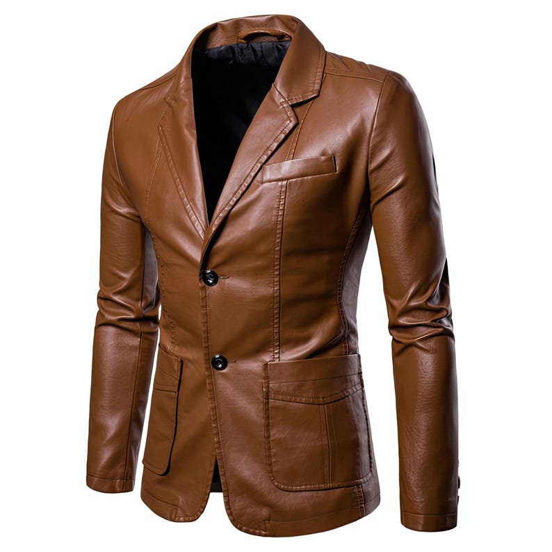 May include: A brown leather blazer with a two-button closure, a notched lapel, and two front pockets. The jacket has a tailored fit and long sleeves. The blazer is a solid color and has a classic design.
