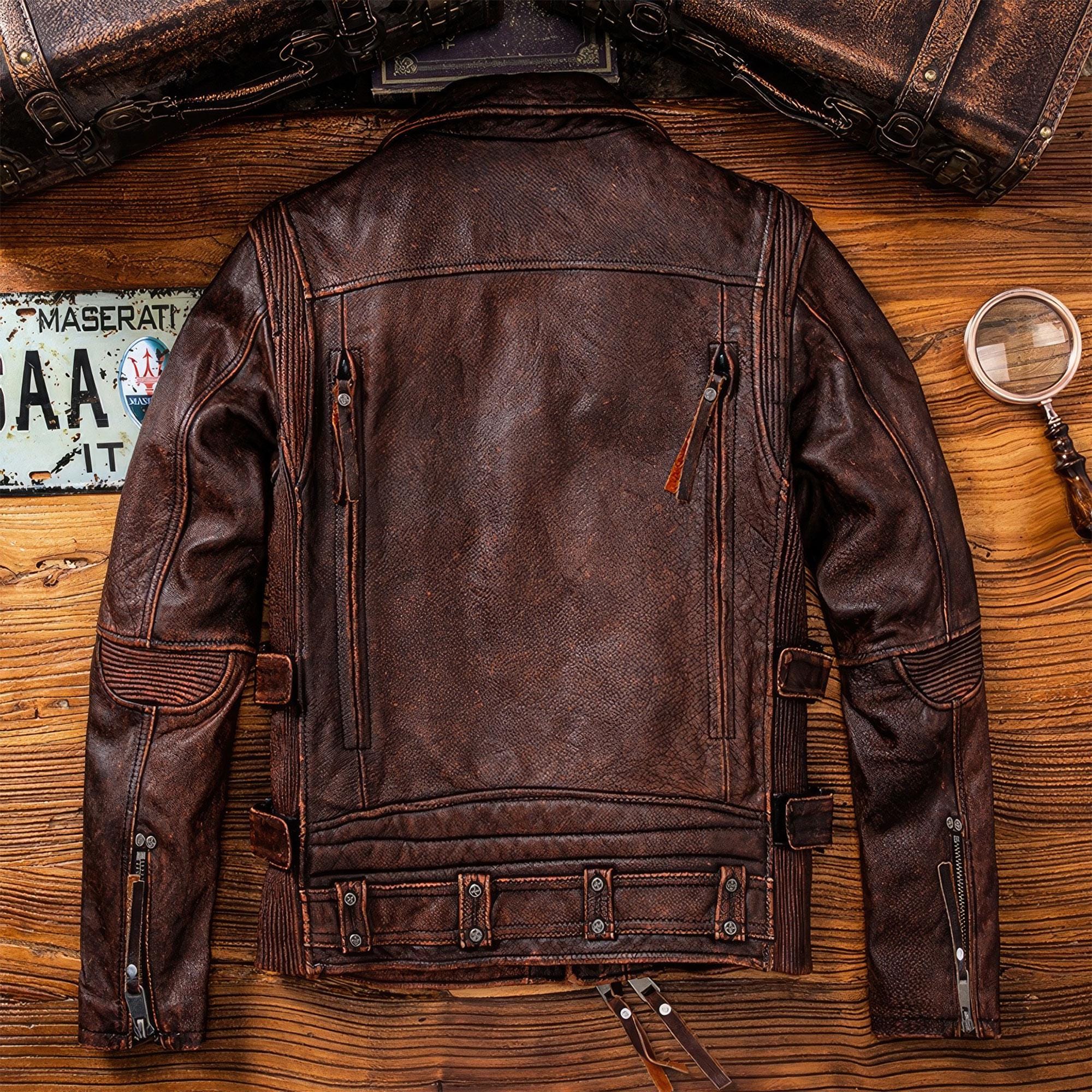 Mens Motorcycle Vintage Brown Leather Jacket Natural Zipper Coat