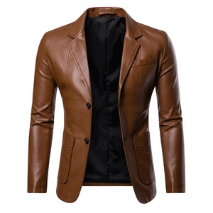 Men's Leather Jacket Dress Suit Coat Men Business Casual Blazers Leather Blazer Man Genuine Leather Jackets image 4