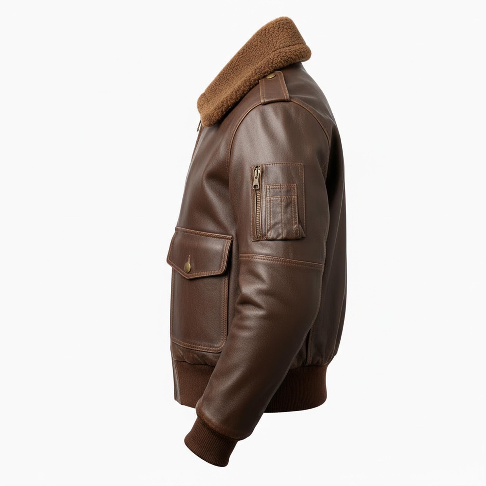 Men Bomber Leather Jacket Lapel Fur Bomber Pilot Coat Front