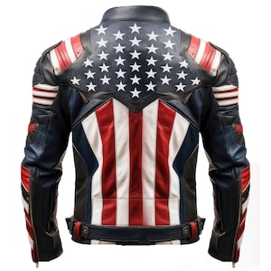 May include: A leather jacket with a patriotic design. The back features a blue field of white stars and red and white stripes. The shoulders and sleeves have red and white accents, and the jacket has a zipper closure.