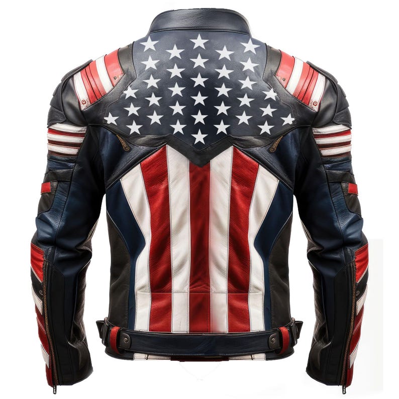 May include: A leather jacket with a patriotic design. The back features a blue field of white stars and red and white stripes. The shoulders and sleeves have red and white accents, and the jacket has a zipper closure.