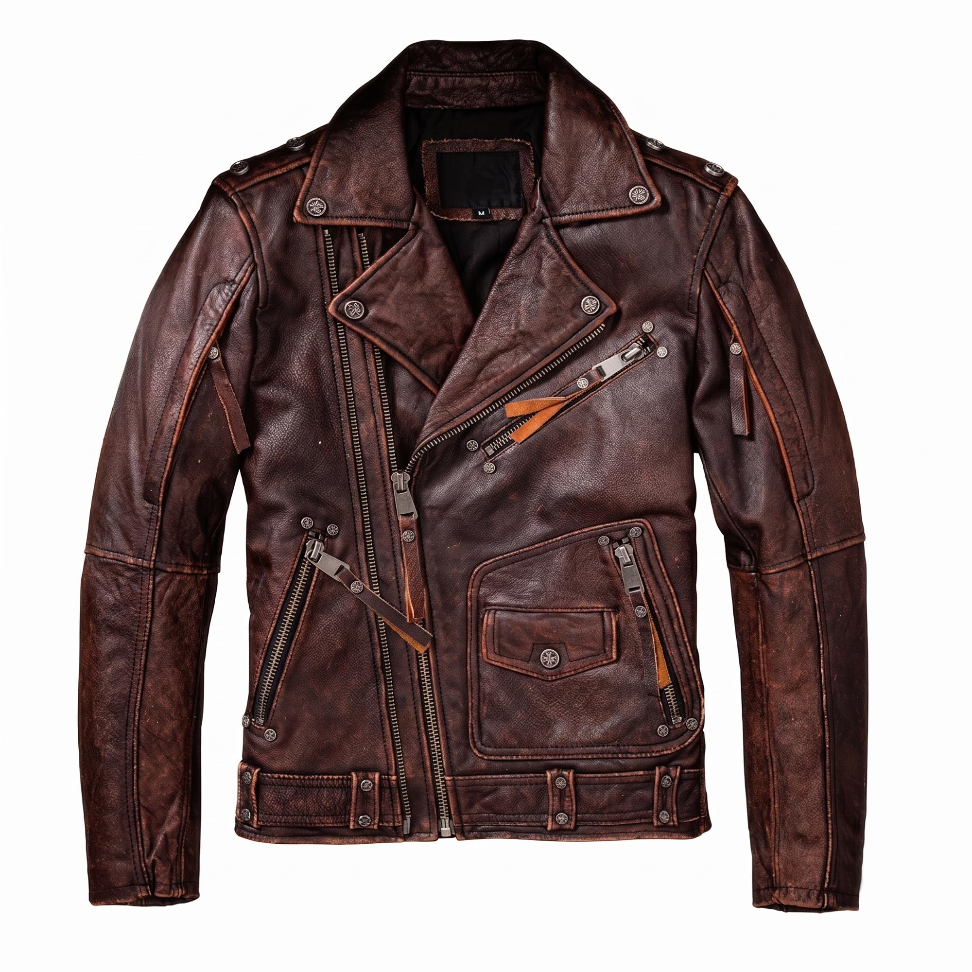 Mens Motorcycle Vintage Brown Leather Jacket Natural Zipper Coat