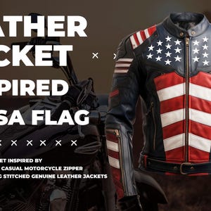 May include: A leather jacket with a design inspired by the American flag. The jacket features a combination of red and white stripes, blue with white stars, and black leather. The text on the image reads "LEATHER JACKET INSPIRED BY USA FLAG."