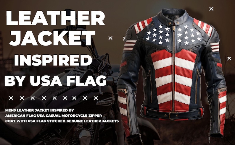 May include: A leather jacket with a design inspired by the American flag. The jacket features a combination of red and white stripes, blue with white stars, and black leather. The text on the image reads "LEATHER JACKET INSPIRED BY USA FLAG."