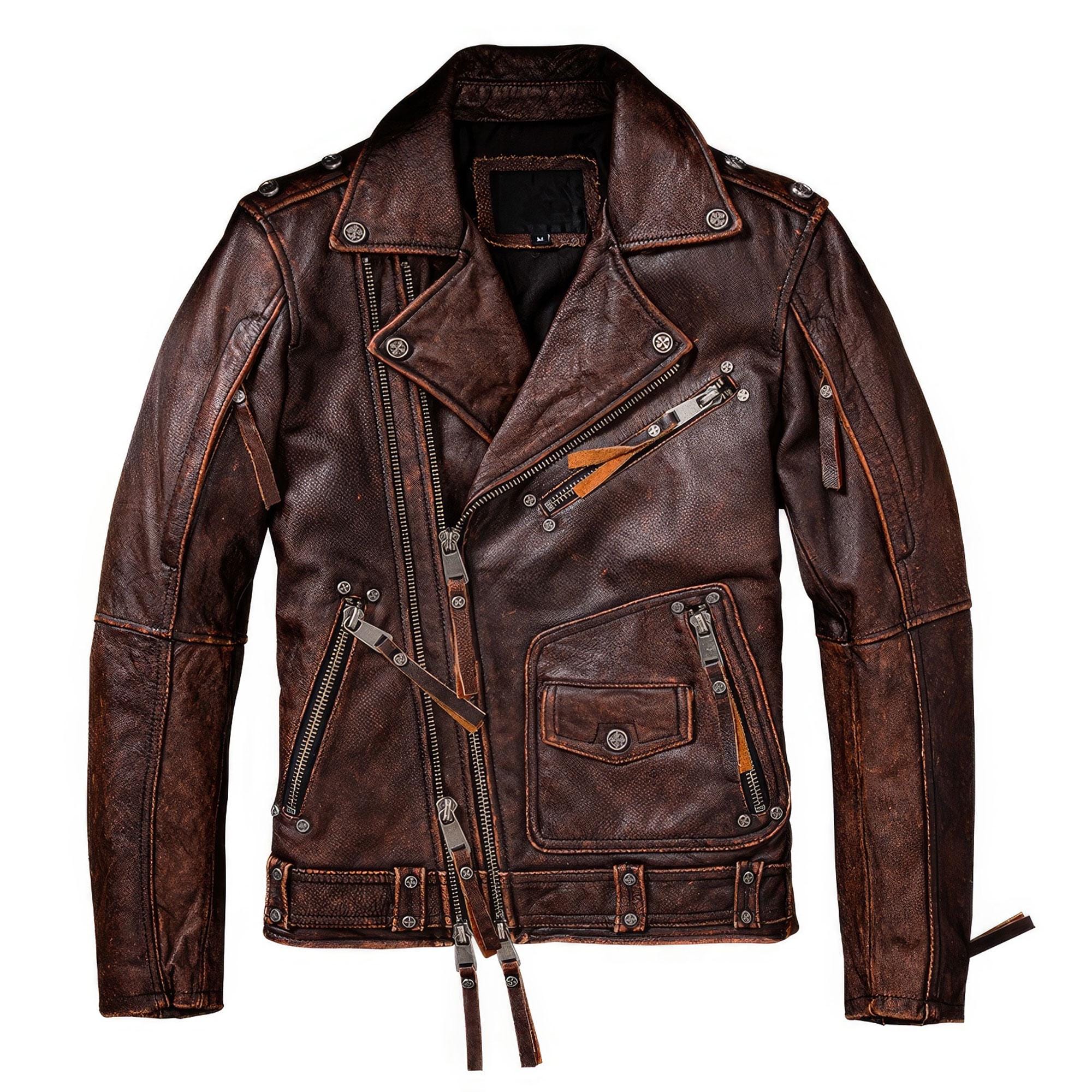 Mens Motorcycle Vintage Brown Leather Jacket Natural Zipper Coat