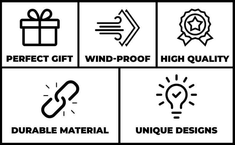 May include: A black and white graphic with five icons and text. The icons represent a gift, wind, a badge, a chain, and a lightbulb. The text reads: "PERFECT GIFT", "WIND-PROOF", "HIGH QUALITY", "DURABLE MATERIAL", and "UNIQUE DESIGNS".