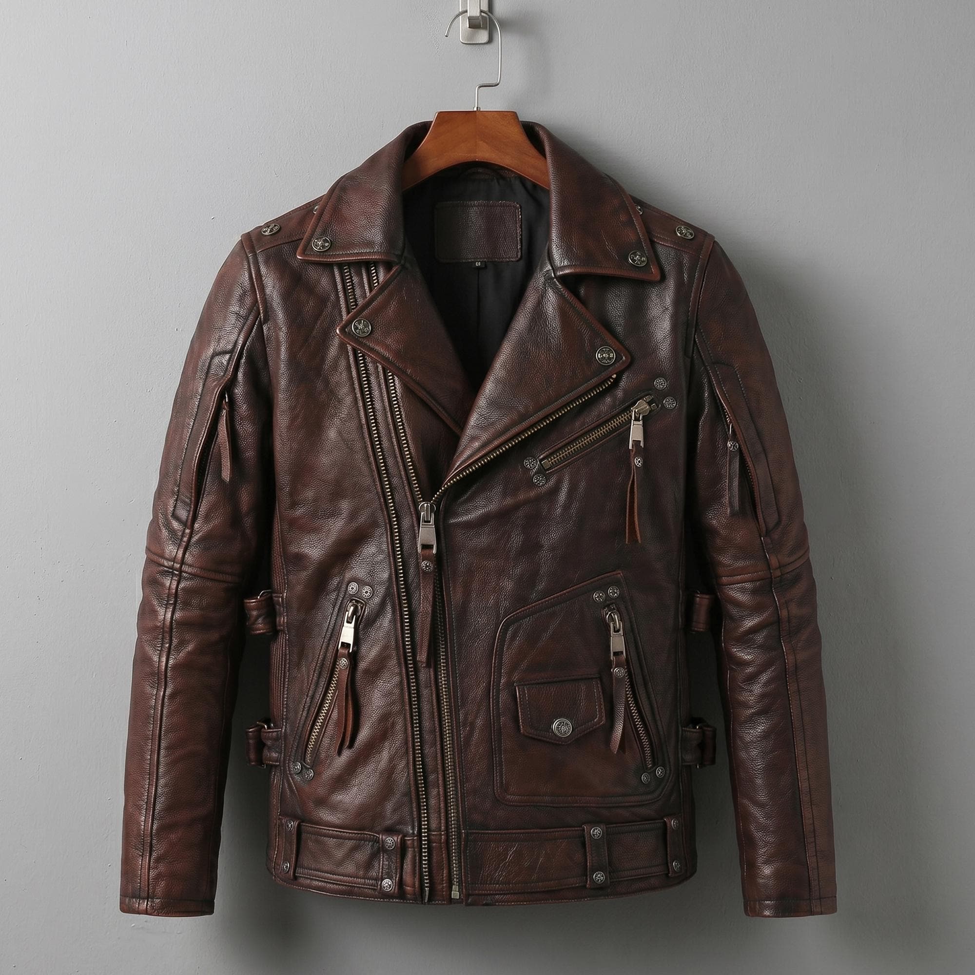 Men's Graphite Distressed Multi Zipper Motorcycle Biker Cowhide