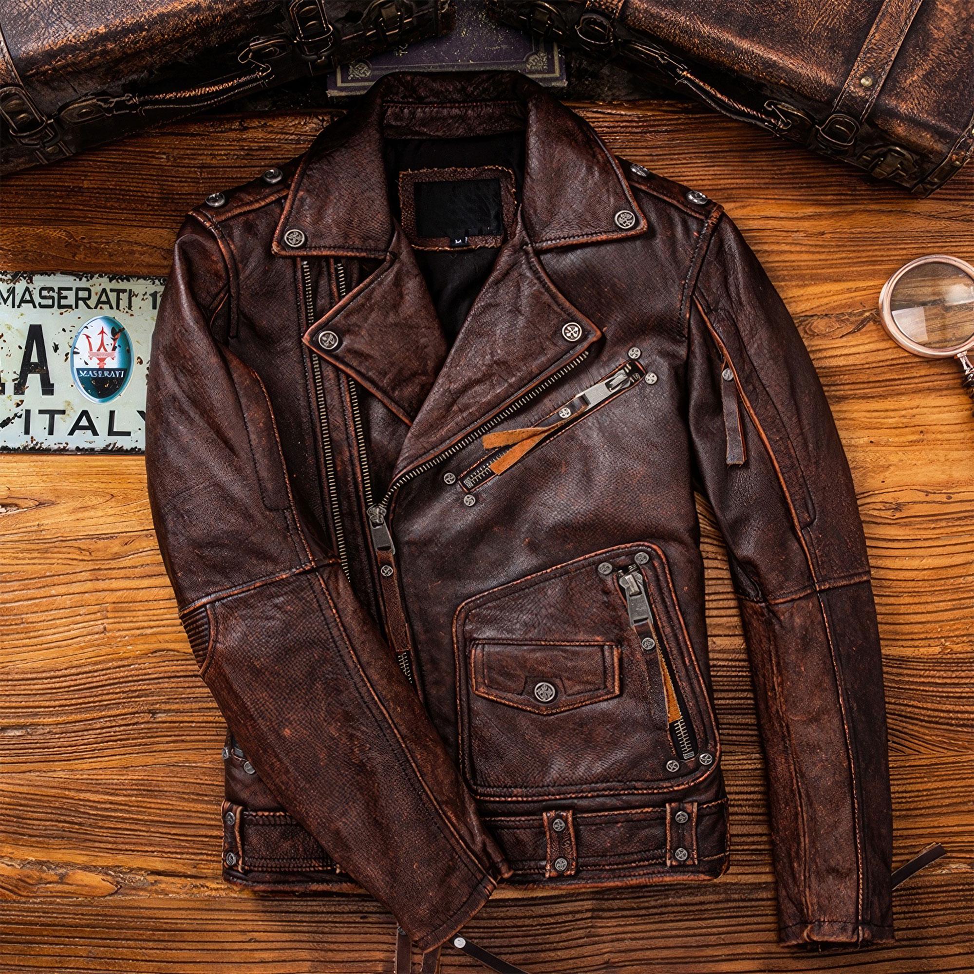 Mens Motorcycle Vintage Brown Leather Jacket Natural Zipper Coat