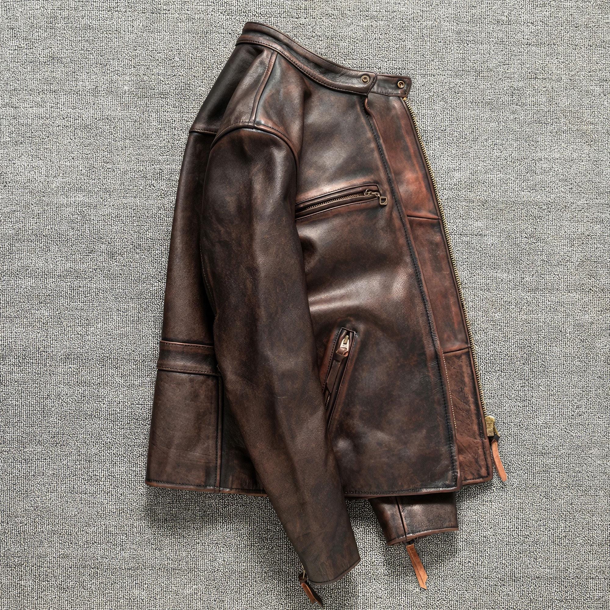 Men Motorcycle Vintage Brown Autumn Leather Jacket Natural