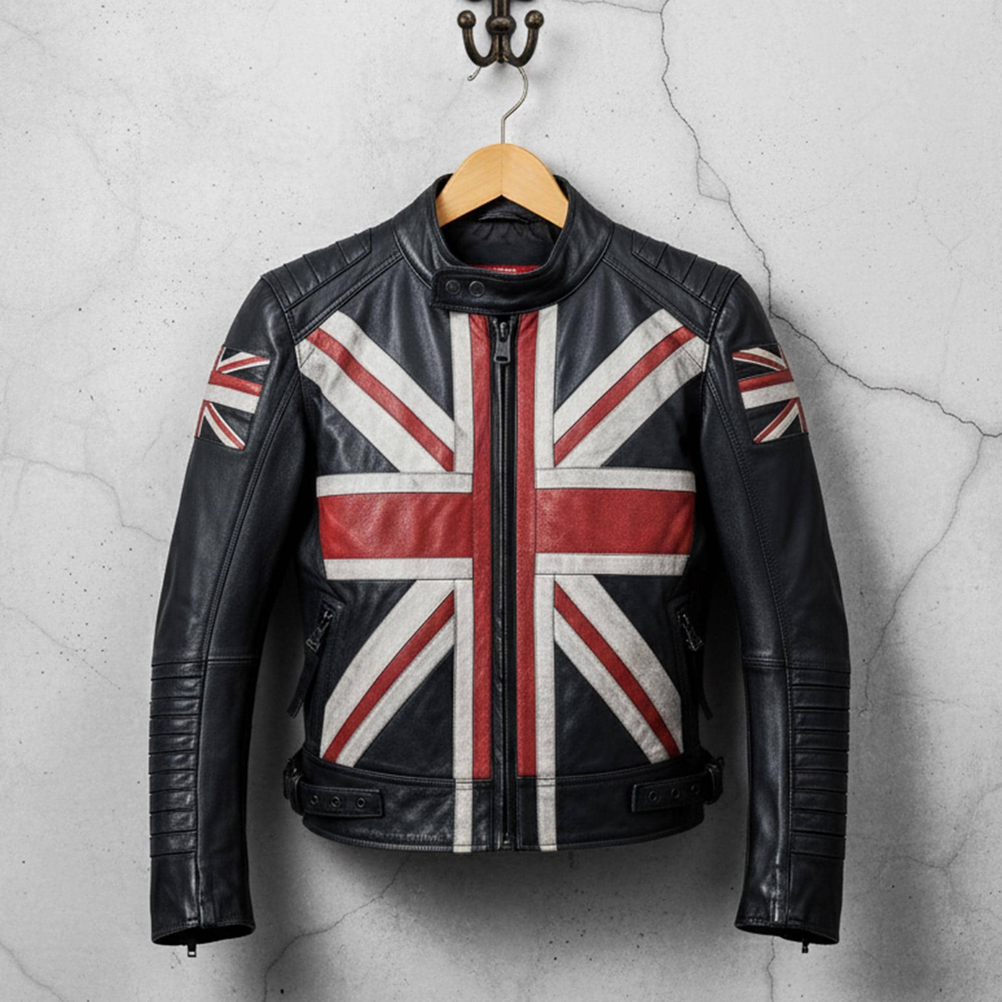 Men Union Jack Leather Jacket Casual Motorcycle Sheepskin Coat