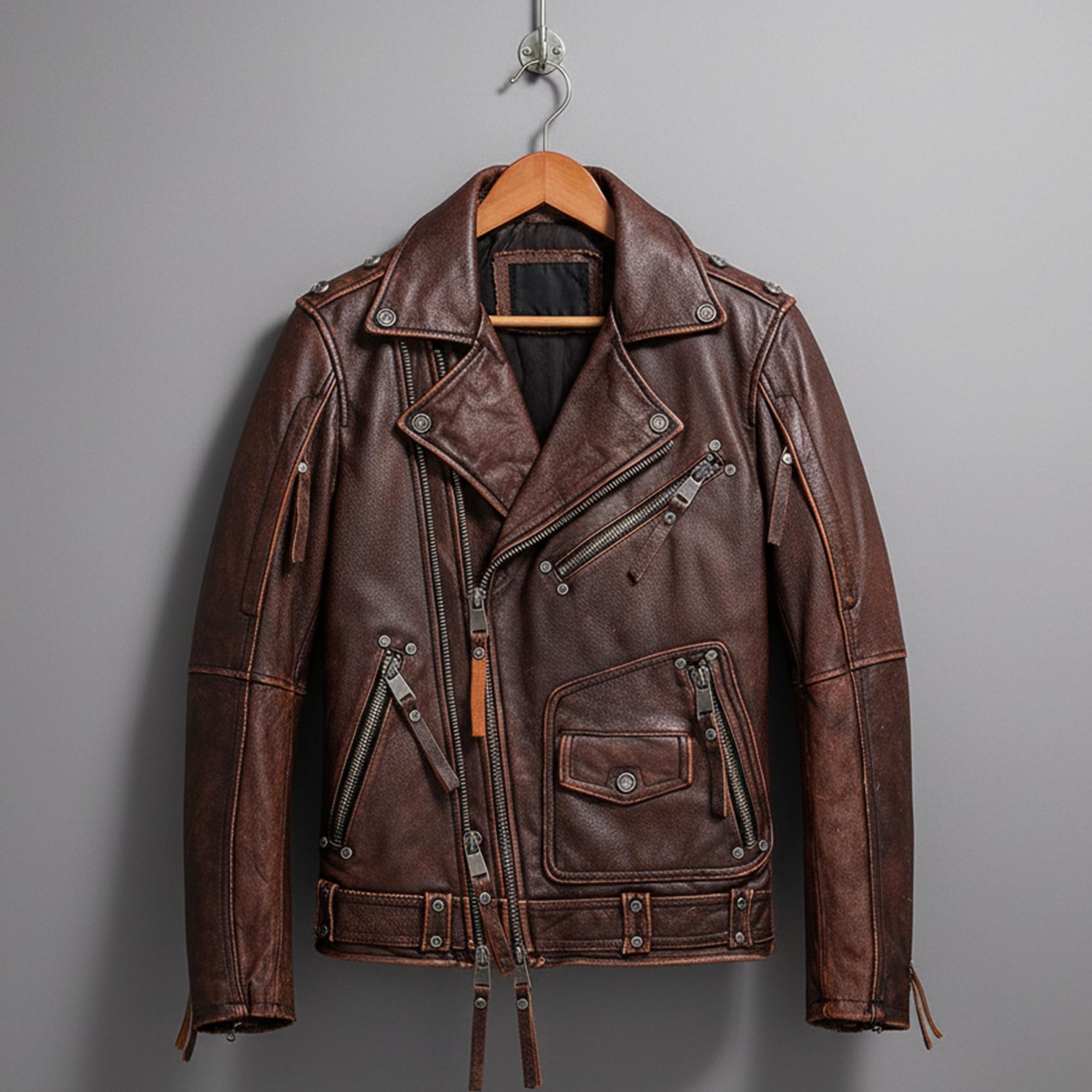 Mens Motorcycle Vintage Brown Leather Jacket Natural Zipper Coat