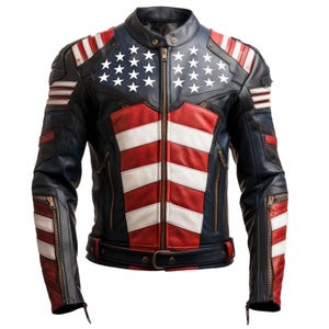 May include: A navy blue leather jacket with a red and white striped design on the front and sleeves. The shoulders feature white stars on a navy blue background. The jacket has a stand-up collar, zipper pockets, and a belt.