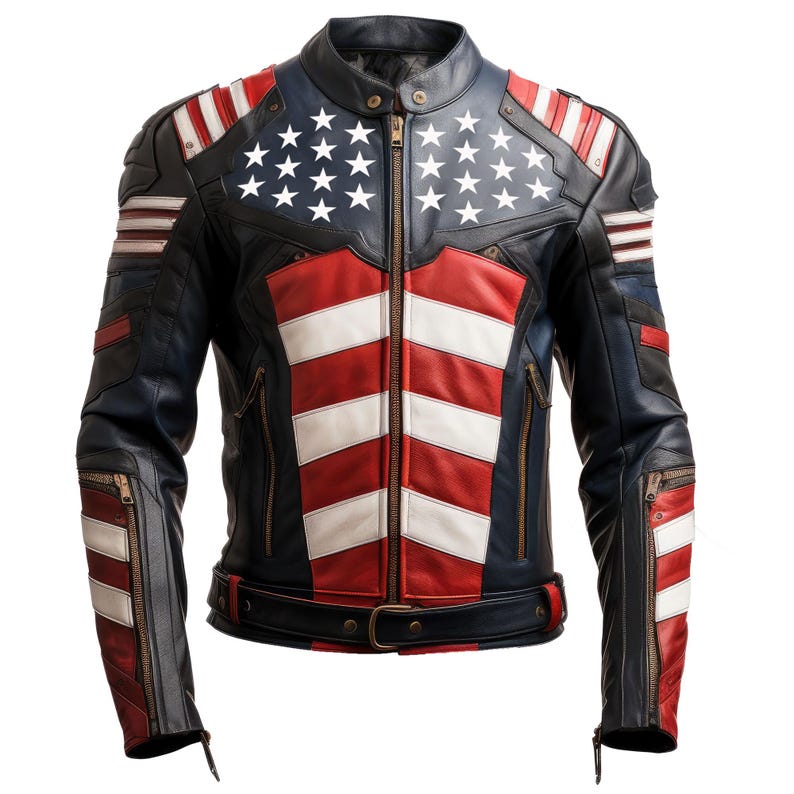 May include: A navy blue leather jacket with a red and white striped design on the front and sleeves. The shoulders feature white stars on a navy blue background. The jacket has a stand-up collar, zipper pockets, and a belt.