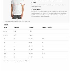 May include: A white t-shirt with a size chart and measurement instructions. The chart includes sizes, lengths (23 3/8" to 33"), chest measurements (17 1/4" to 54-57"), and sleeve lengths (15 3/4" to 22"). The model is wearing a size M.