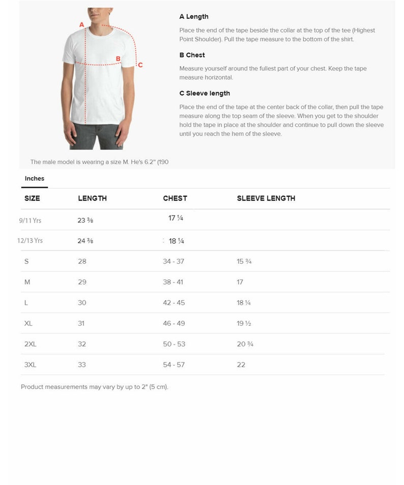 May include: A white t-shirt with a size chart and measurement instructions. The chart includes sizes, lengths (23 3/8" to 33"), chest measurements (17 1/4" to 54-57"), and sleeve lengths (15 3/4" to 22"). The model is wearing a size M.