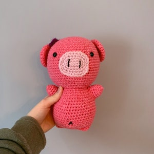Pink Pig with Purple Bow | Curly tail, belly button | Stuffed Animal Toy Amigurumi | Handmade Crochet Crocheted | super soft acrylic yarn