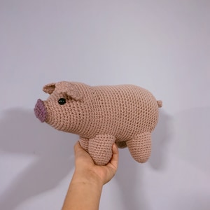 Puede incluir: Un juguete de cerdo de crochet con la nariz rosa y los ojos negros. El cerdo es de color marrón claro y tiene una superficie texturizada.
