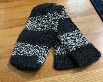 Hand knit striped black wool scarf