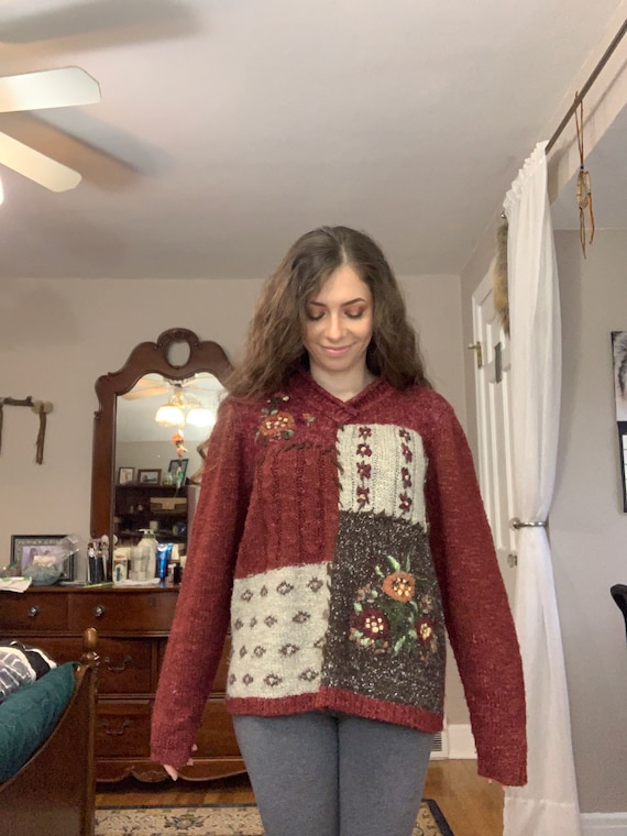 Red floral patchwork grandma sweater