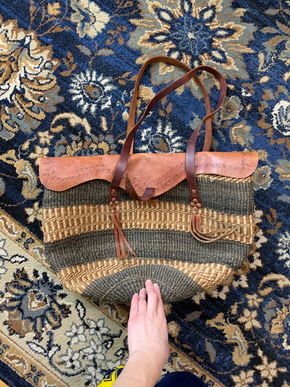 Leather bag purse tote handmade woven