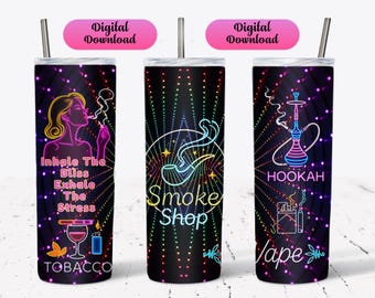Smoke Shop Tumbler Wrap Sublimation Design - 20 oz Straight Tumbler, Neon Effect, Hookah, Vape, Tobacco, Digital Download