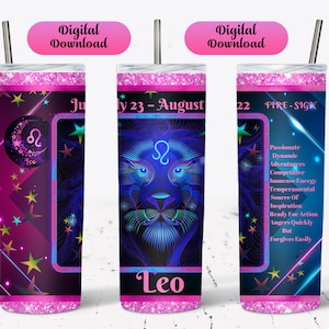 Leo Zodiac Tumbler Wrap 20oz Skinny Tumbler PNG. Sublimation Design. Wraps Templates. Straight Instant Download Heat Press Tumbler Design