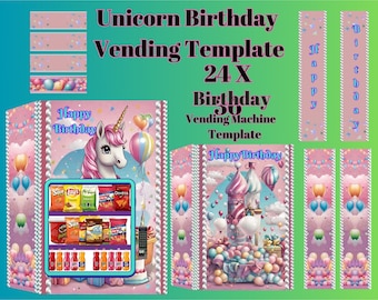 May include: A pink and purple unicorn birthday vending machine template with the text "Unicorn Birthday Vending Template 24 X Birthday 3D Vending Machine Template". The design includes a unicorn, balloons, and snacks.