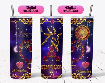 Capricorn Tumbler Sublimation Wrap: Zodiac PNG Design (Digital Download)