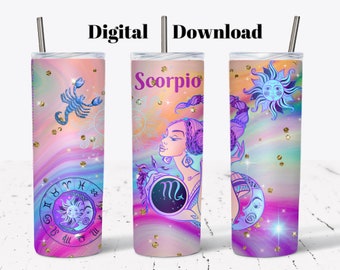 May include: A stainless steel tumbler with a straw, featuring a colourful design with a Scorpio theme. The design includes a blue scorpion, zodiac symbols, a woman, and the word "Scorpio". The background has a swirling, pastel colour scheme with gold accents.