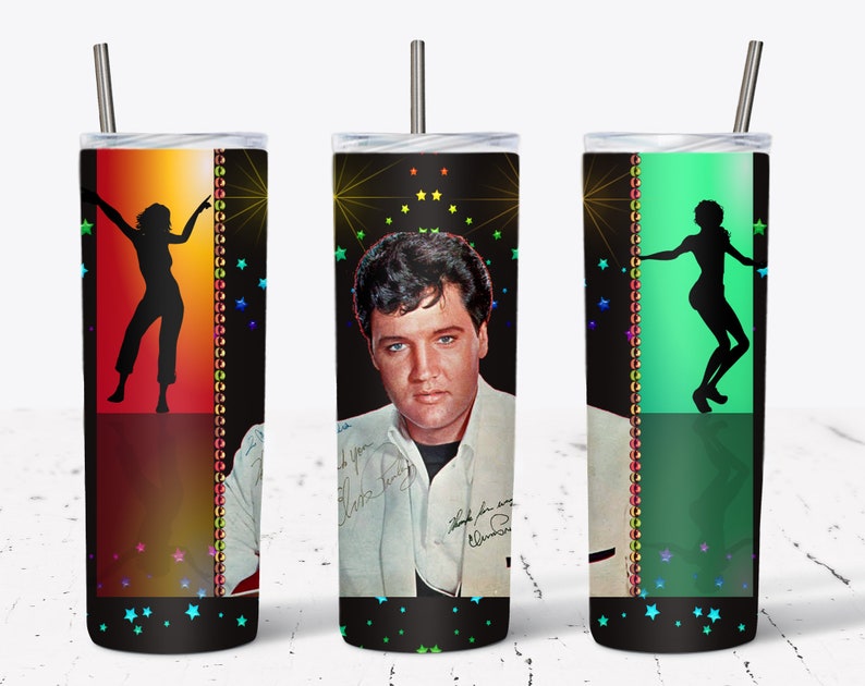 May include: A stainless steel tumbler featuring Elvis Presley with his signature, and silhouettes of dancers. The design includes colorful stars and a vertical border with a string of lights. The tumbler has a silver straw.