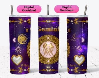 Gemini Zodiac 20oz Tumbler Wrap: Astrology Sublimation Design (PNG)