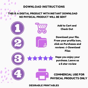 May include: Purple and white graphic with four numbered steps for downloading a digital product. The steps include adding to cart, downloading the file, leaving a review, and commercial use for physical products only.