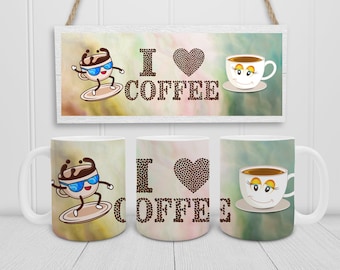 May include: White ceramic coffee mugs with a colourful design. One mug features a coffee cup surfing, another says "I ❤️ COFFEE", and the third has a smiling coffee cup. A matching sign hangs above.