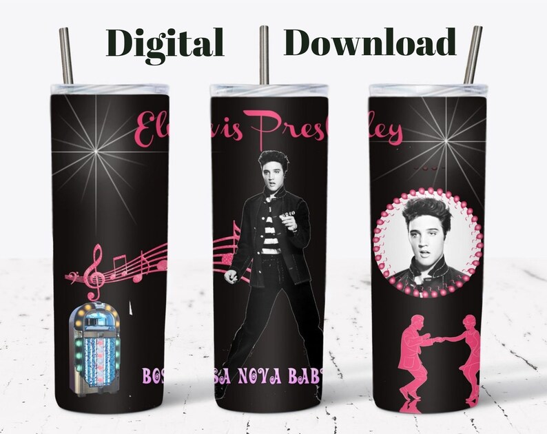 May include: Black tumbler featuring Elvis Presley with pink accents. The design includes a jukebox, musical notes, and the words "Elvis Presley" and "Bossa Nova Baby". The tumbler has a silver straw.