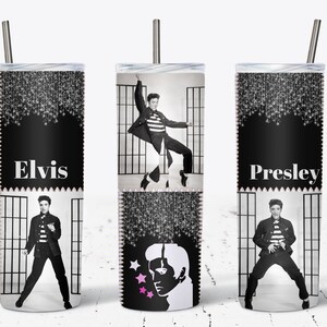 May include: A set of three stainless steel tumblers featuring black and white images of Elvis Presley. Each tumbler has a different image of Elvis, with the words "Elvis" and "Presley" printed on two of the tumblers. The tumblers have a silver straw.