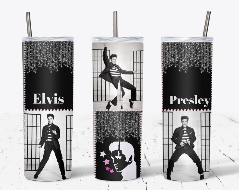 May include: A set of three stainless steel tumblers featuring black and white images of Elvis Presley. Each tumbler has a different image of Elvis, with the words "Elvis" and "Presley" printed on two of the tumblers. The tumblers have a silver straw.