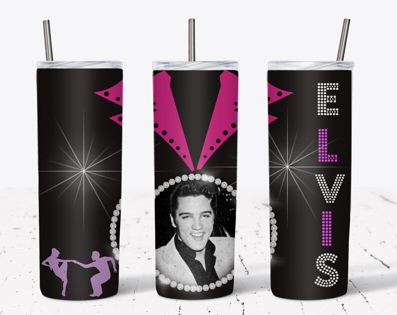 May include: A black tumbler featuring a black and white image of Elvis Presley, with the name "ELVIS" in a rhinestone-like font. The design includes a pink jacket outline and a silhouette of dancers. The tumbler has a silver straw.