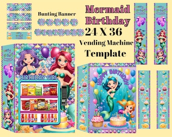 Plantilla de máquina expendedora de cumpleaños de sirena: Decoración DIY para fiestas (Descarga digital)