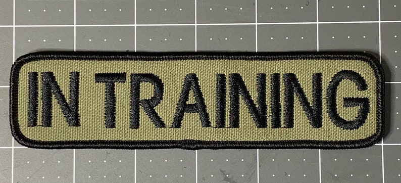 May include: A green and black rectangular patch with the text "IN TRAINING" embroidered in black.